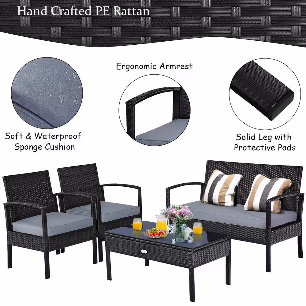 Costway 4-Piece Wicker Patio Conversation Set with Gray Cushions