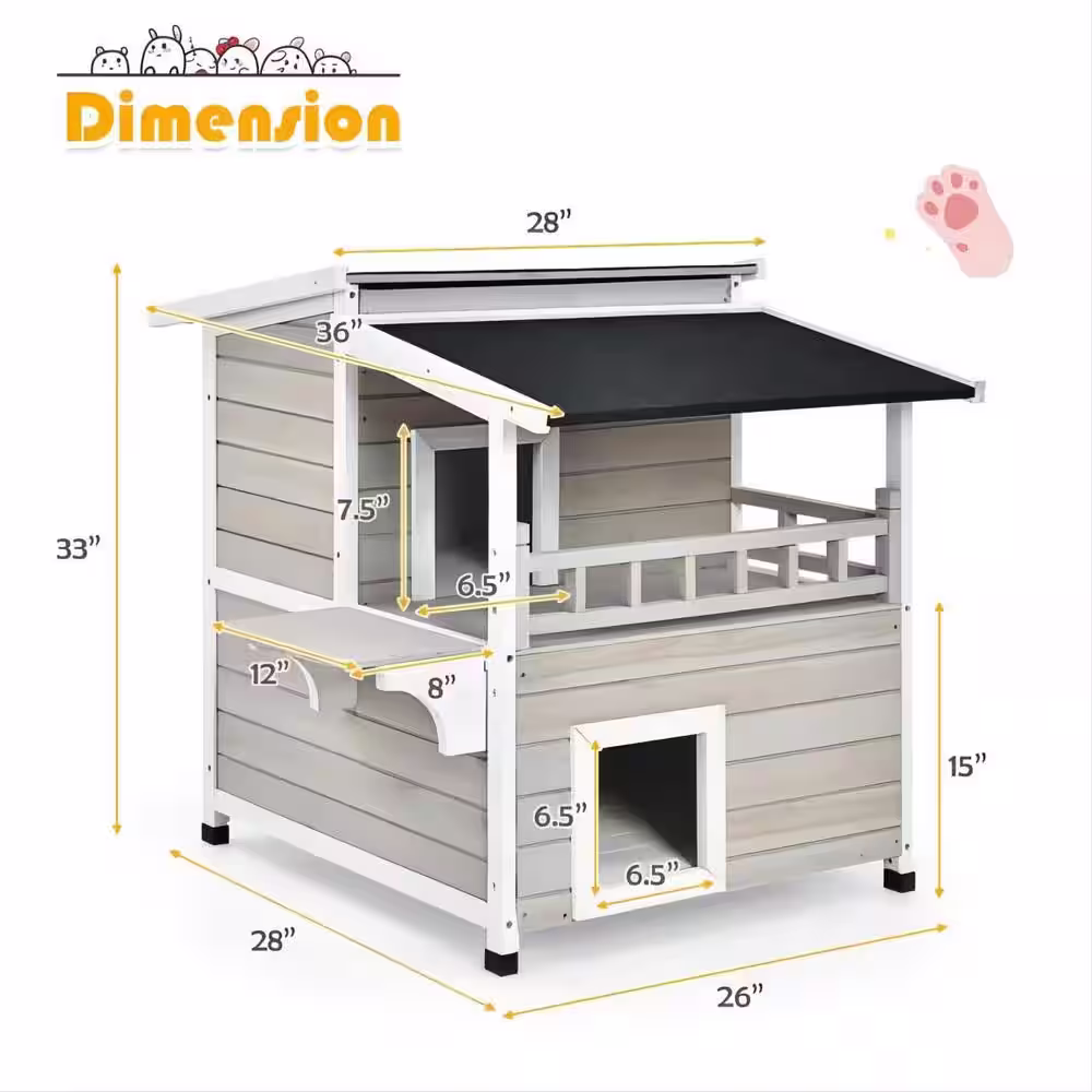 None 2-tier Wooden Patio Cat House with Balcony