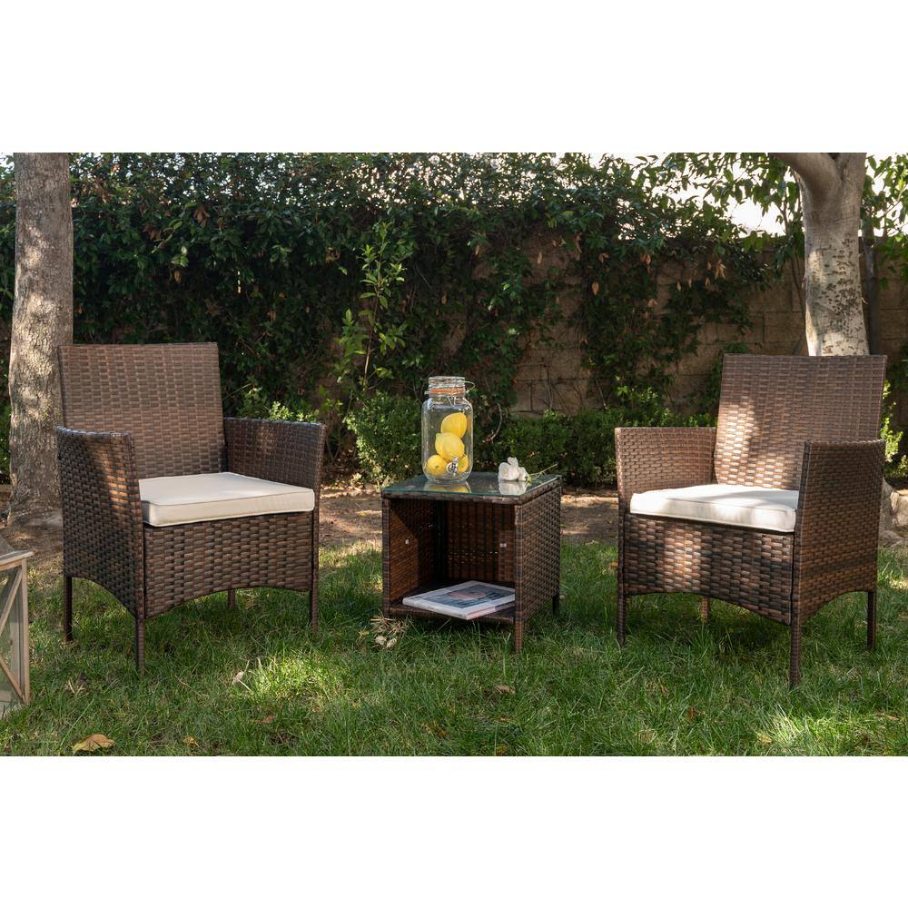 Barton 3-Piece Wicker Rattan Furniture Outdoor Bistro Patio Set Chairs with Removable Beige Cushions and Square Table