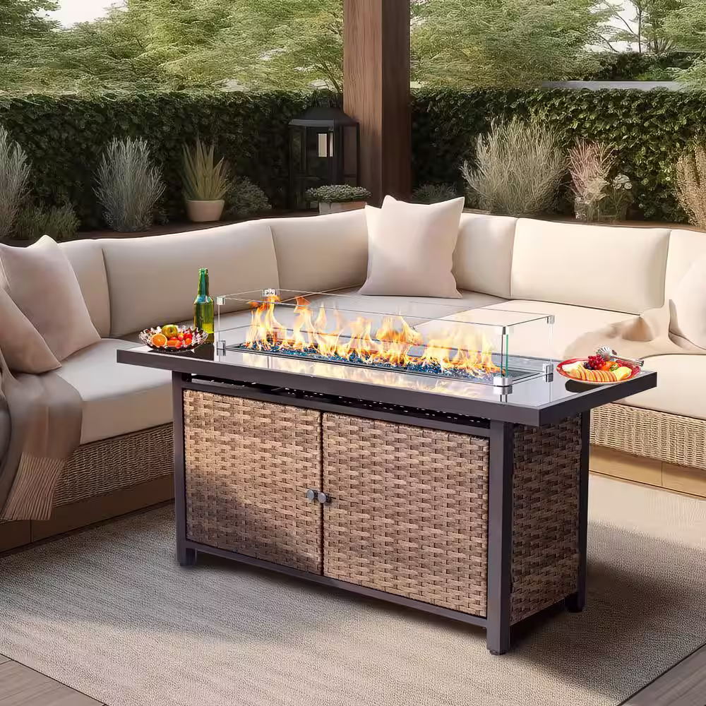 None 57 in. Brown Rectangular Rattan Propane Gas Fire Pit Table 50,000 BTU with Ceramic Tabletop and Water-Resistant Cover
