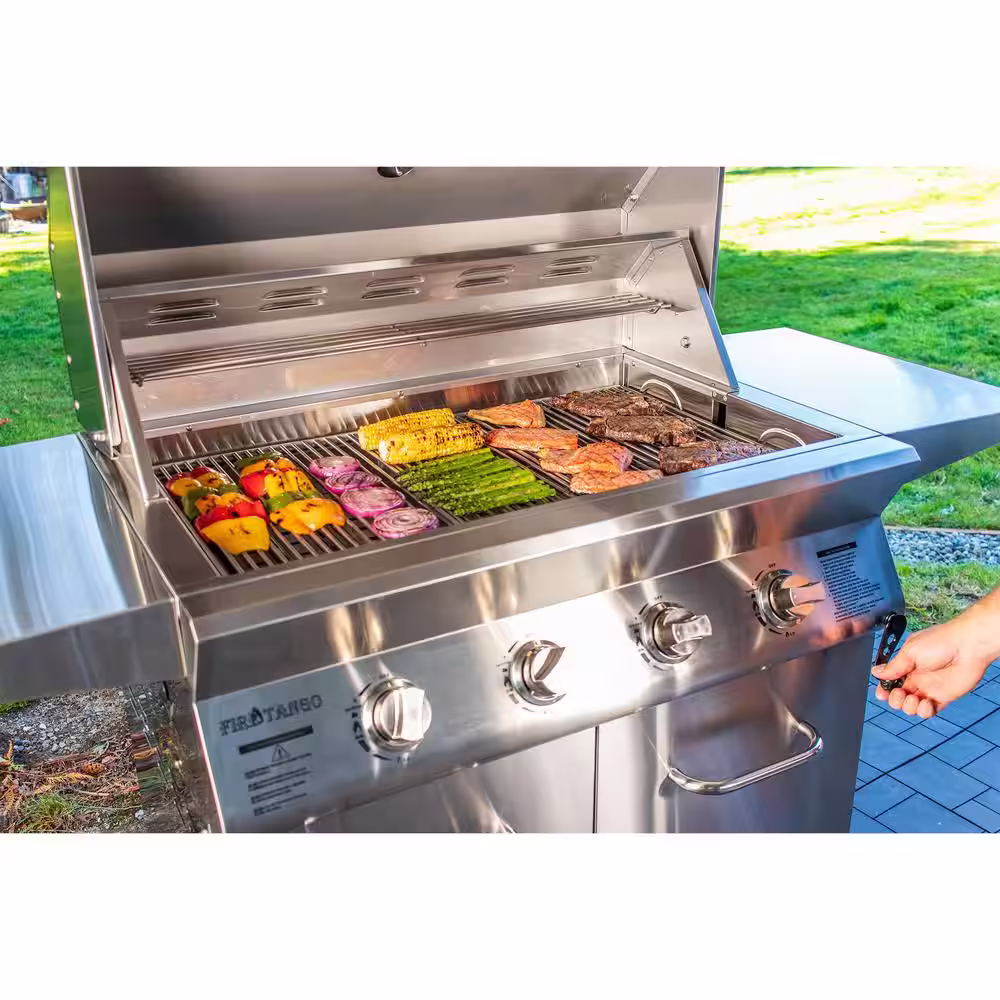 Fire Tango 4-Burner Propane Gas Grill in Stainless Steel with Height Adjustable Cooking Surface