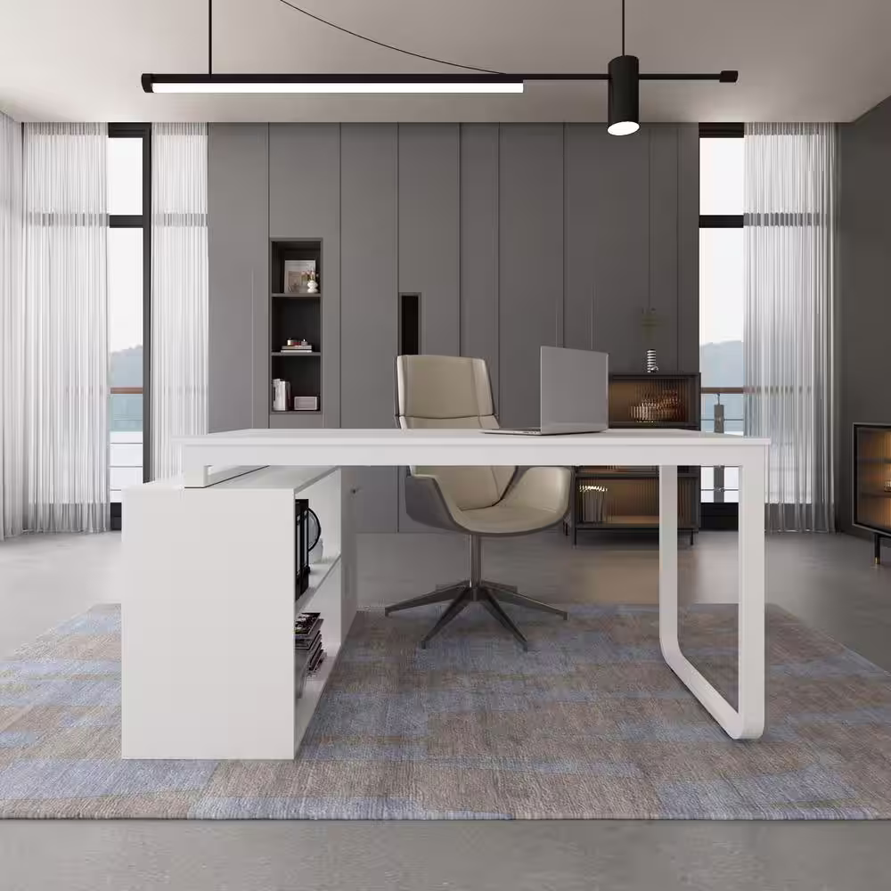 None L-Shaped Wooden Computer Desk, White Finish with 1 Drawer, Open Shelves and Eco-Friendly Paint Finish, 55.1 in. W