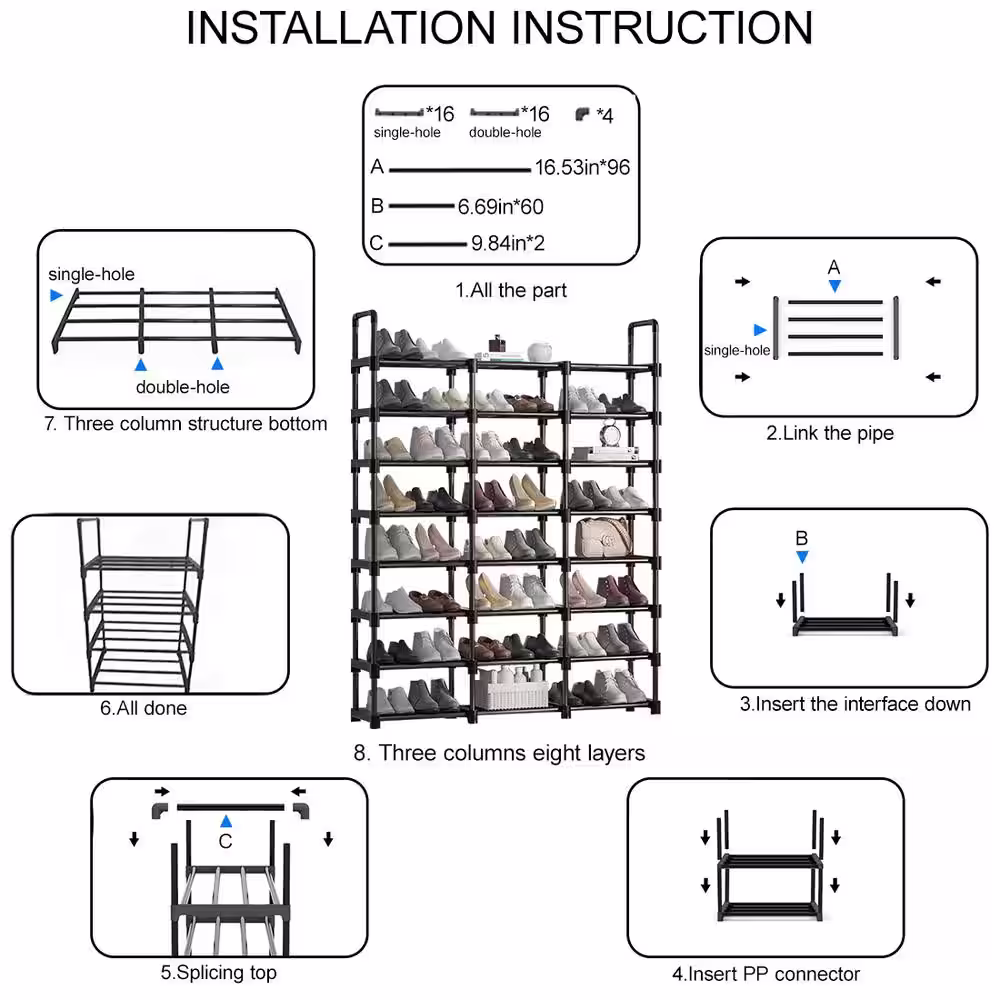 None 57 in. H 48-Pair 8-Tier Black Metal Shoe Rack