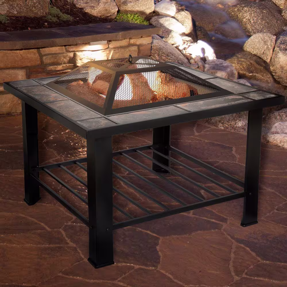Pure Garden 30 in. Square Steel Fire Pit and Table with Cover