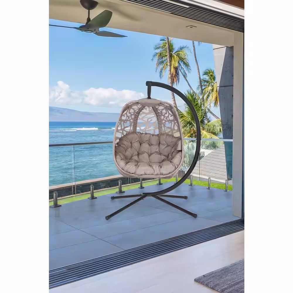 None 43 in. Free Standing Beige Branch Design Outdoor Patio Hanging Egg Chair Hammock with Cushion and C Type Bracket
