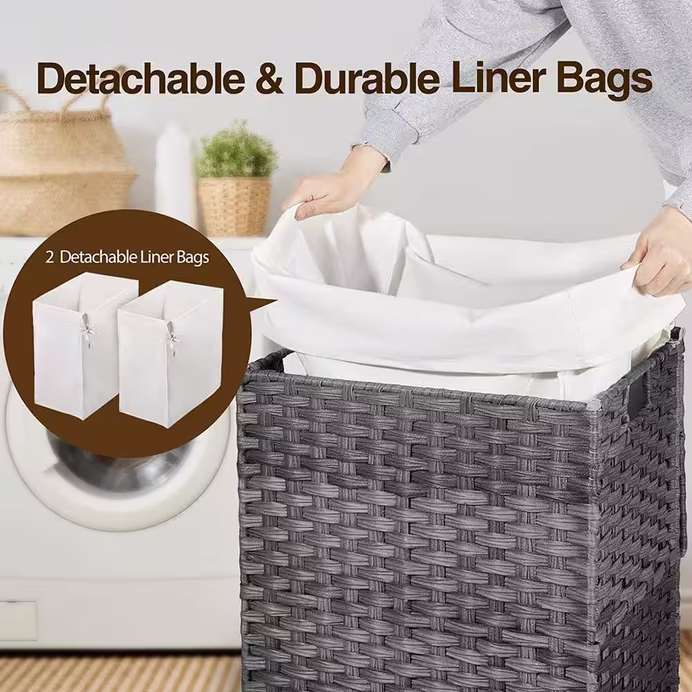 None 90L Rattan Laundry Basket Hamper with 2 Removable Liner Bags Gray