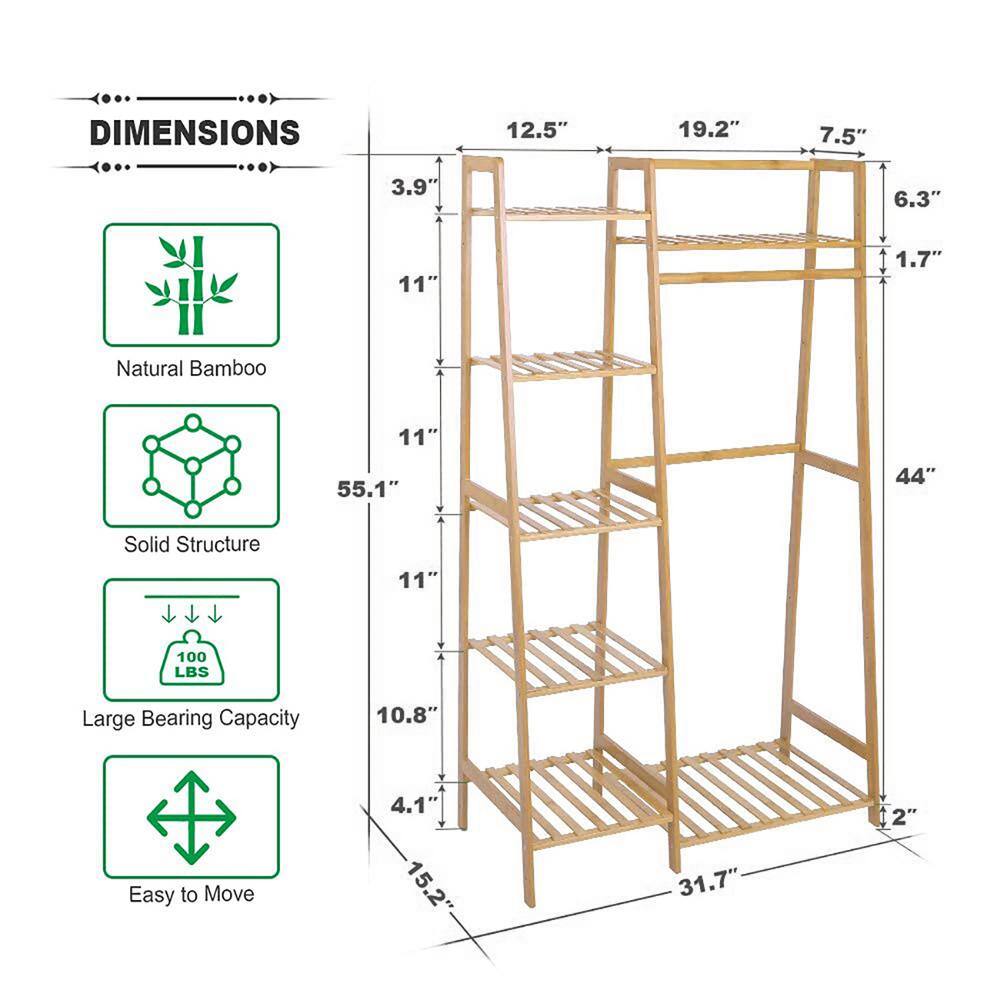 None Brown Bamboo Garment Clothes Rack 31.7 in. W x 55.1 in. H