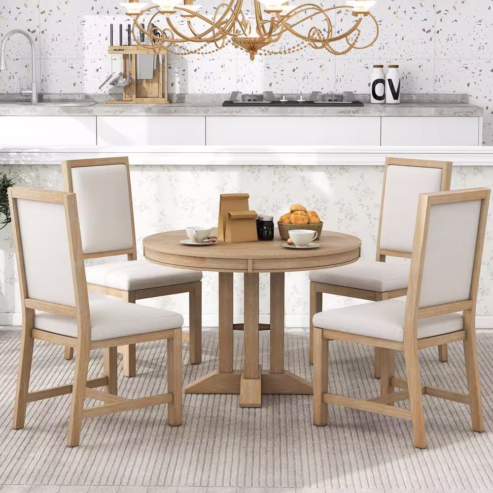 Harper & Bright Designs Farmhouse 5-Piece Natural Wood Wash Wood Top Extendable Round Dining Table Set with 4-Upholstered Chairs