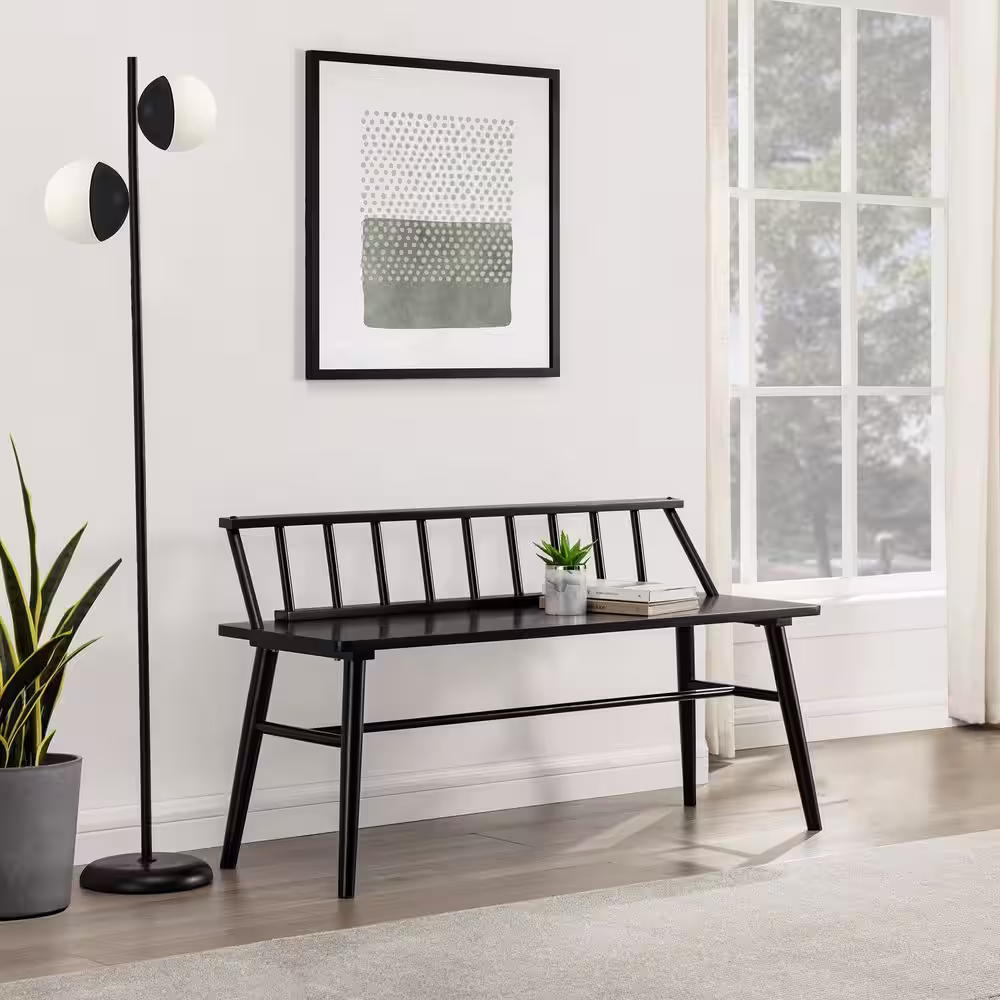 Welwick Designs Black Solid Wood Scandinavian Bench with Low Spindle Back (26 in. H x 48 in. W x 17 in. D)