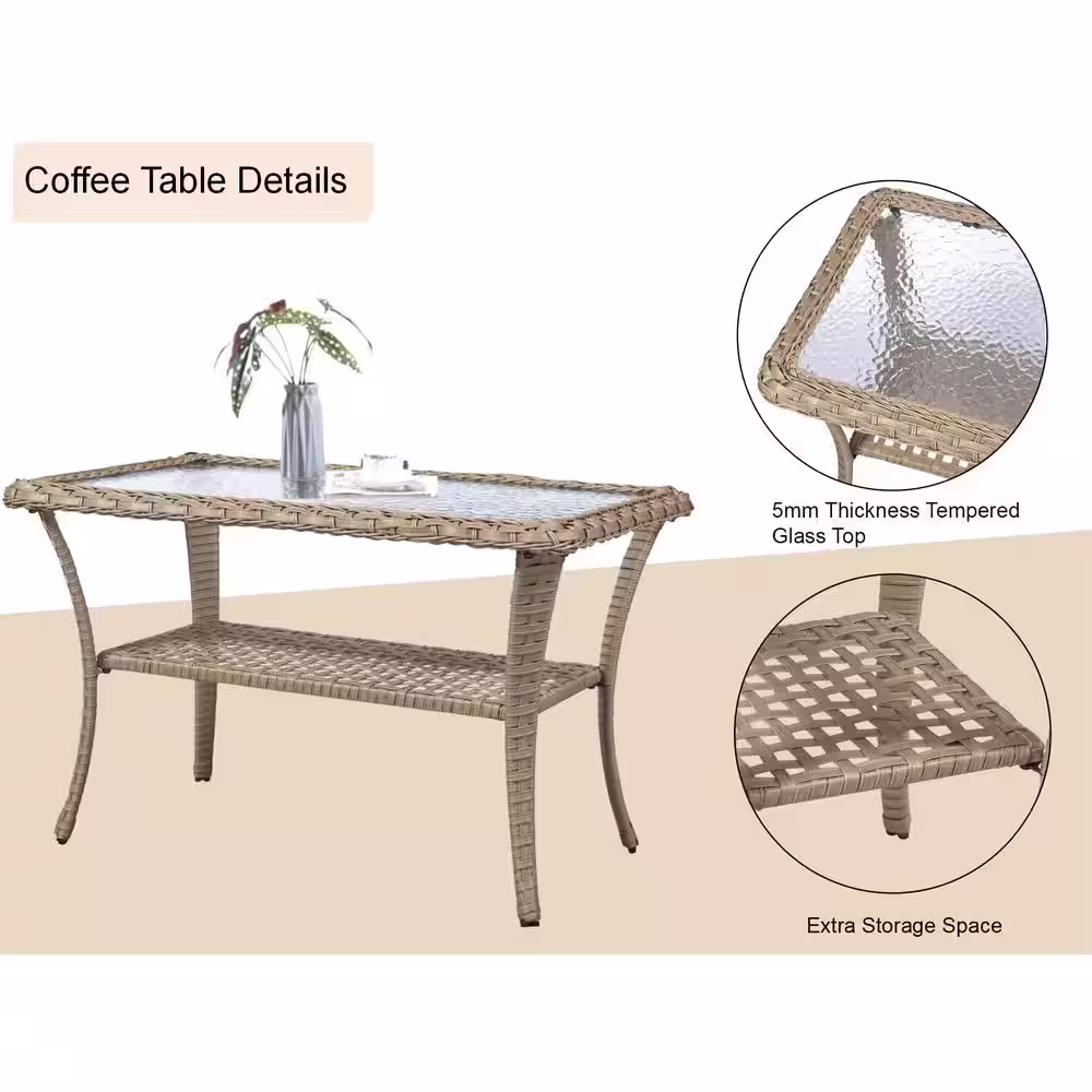 Gymojoy Carlos Natural 4-Piece Wicker Patio Conversation Set with Off White Cushions