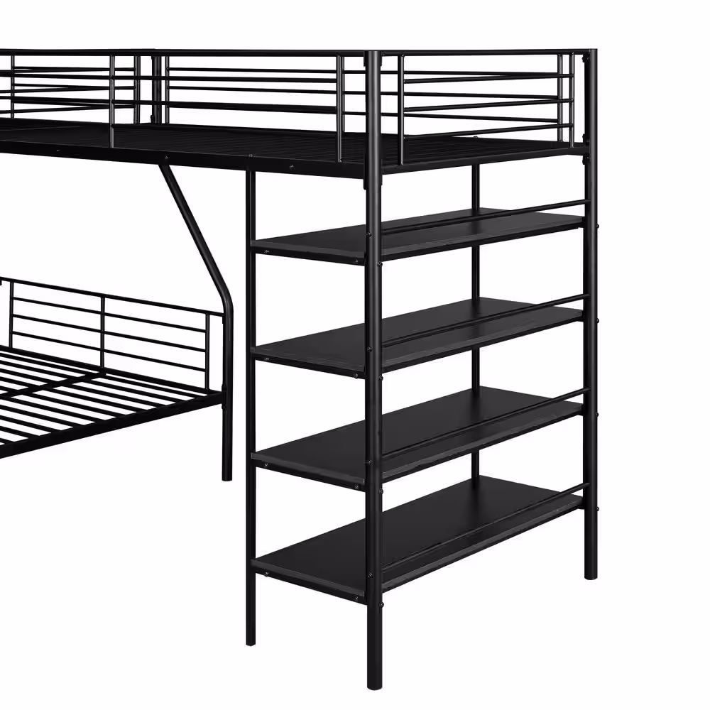 Harper & Bright Designs L-shaped Black Twin and Twin over Full Metal Triple Bunk Bed with 4 Built-in Shelves