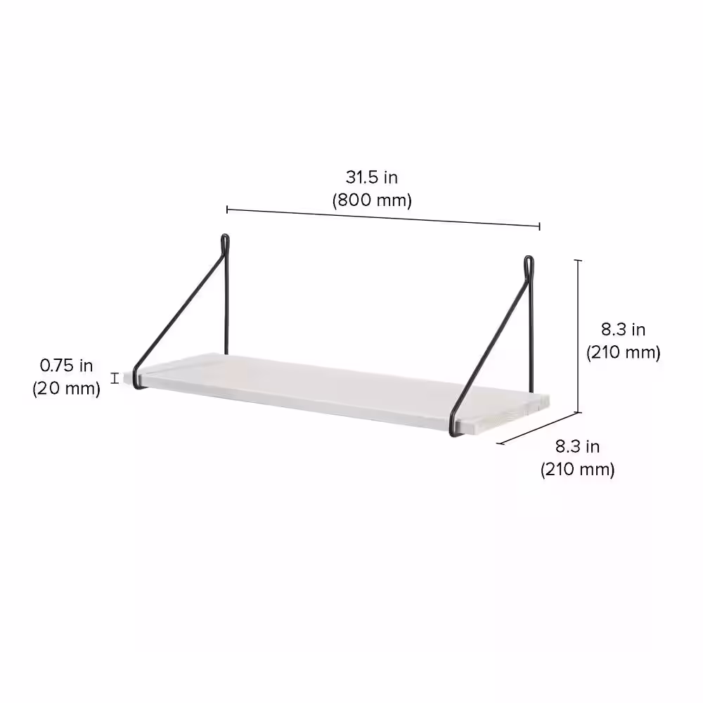 Dolle FILO 31.5 in. x 7.9 in. x 0.75 in. Pine White/Black MDF Decorative Wall Shelf with Brackets