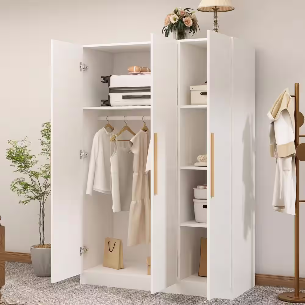 None White Kids 3 Doors Armoires Wardrobe with Hanging Rod and Storage Shelves (70.8 in. H x 47.2 in. W x 19.7 in. D)
