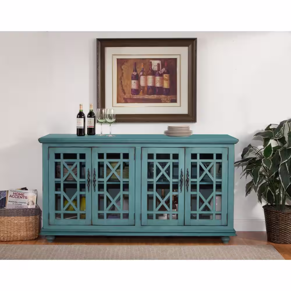 Martin Svensson Home Elegant Teal Glass TV Stand Fits TVs Up to 65 in. with Cable Management