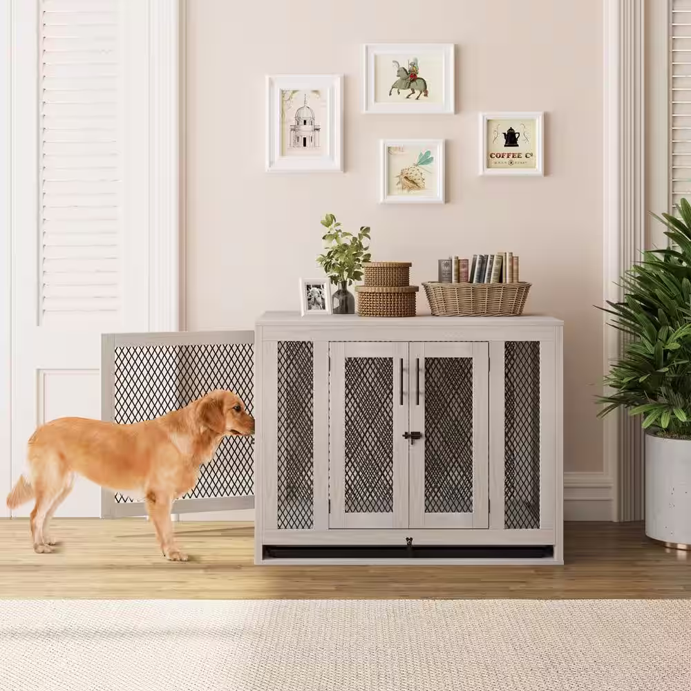 None Indoor Heavy-Duty Dog Cage, Dog House Furniture with Cushion Large Wooden Dog Kennel for Large Medium Small Dogs in Gray