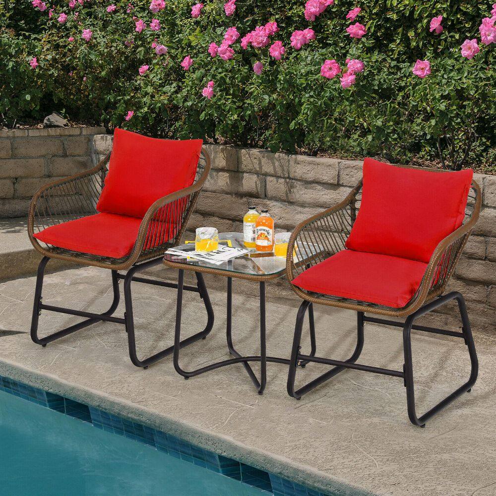 SUNRINX 3-Piece Wicker Outdoor Bistro Set with Red Cushions