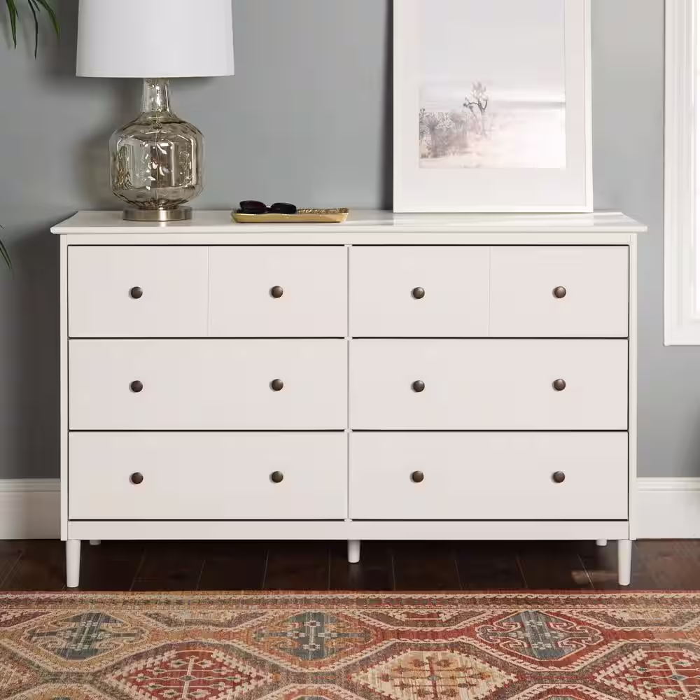 Walker Edison Furniture Company Classic Mid Century Modern 6-Drawer White Solid Wood Dresser