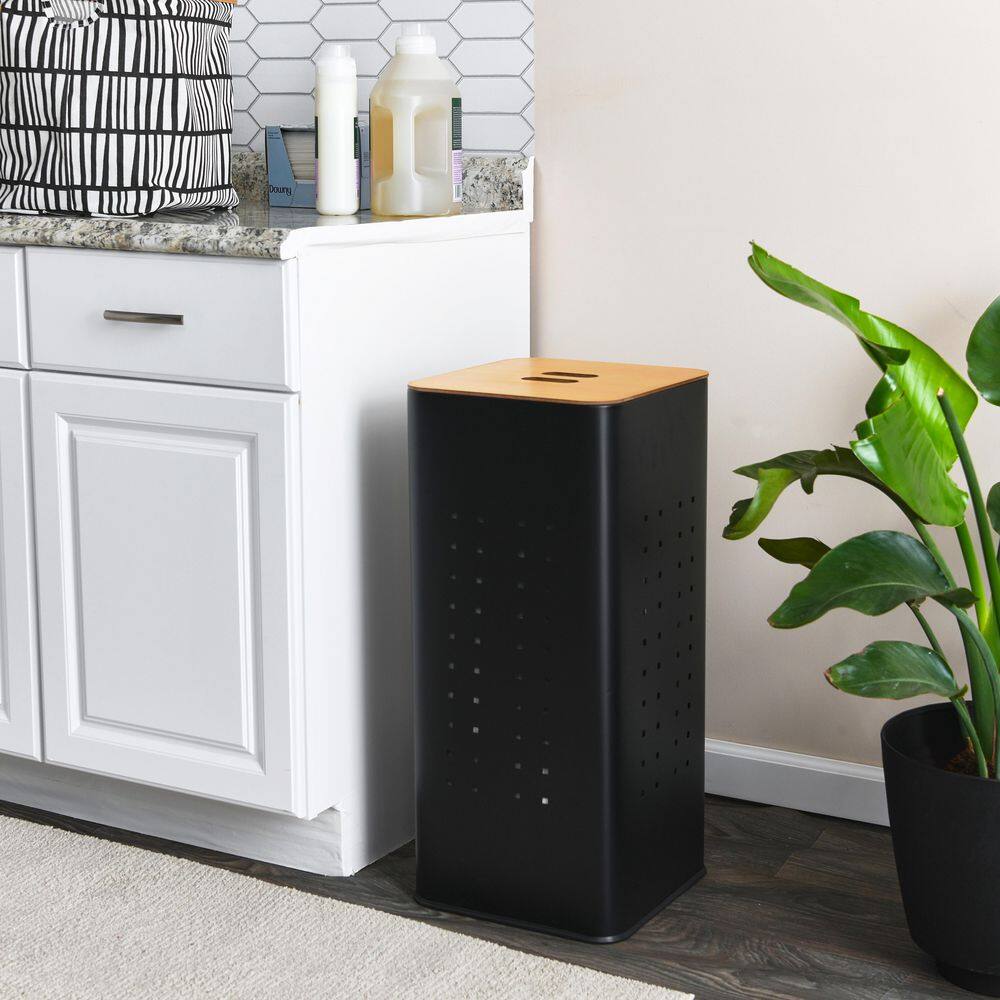 HOUSEHOLD ESSENTIALS Steel Square Laundry Hamper with Wooden Lid