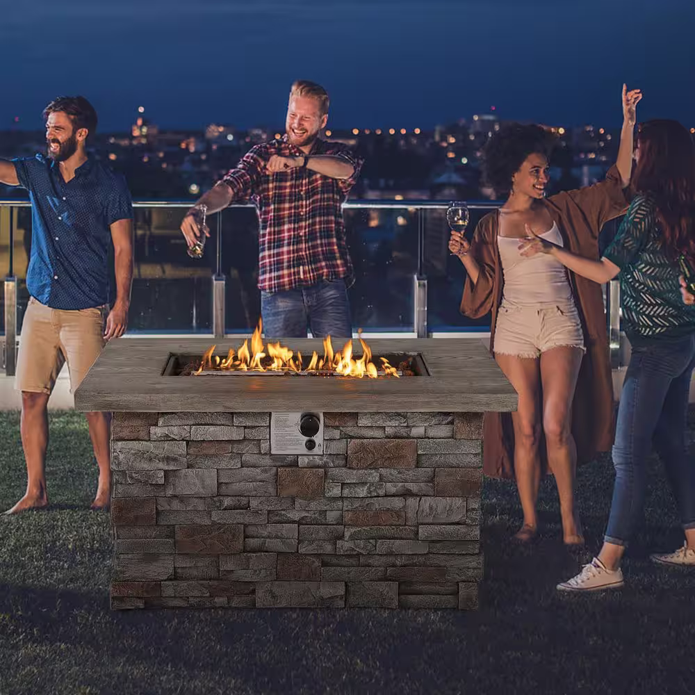 Costway 43.5 in. Rectangle Propane Gas Fire Pit Table Faux Stone w/Lava Rock & PVC Cover