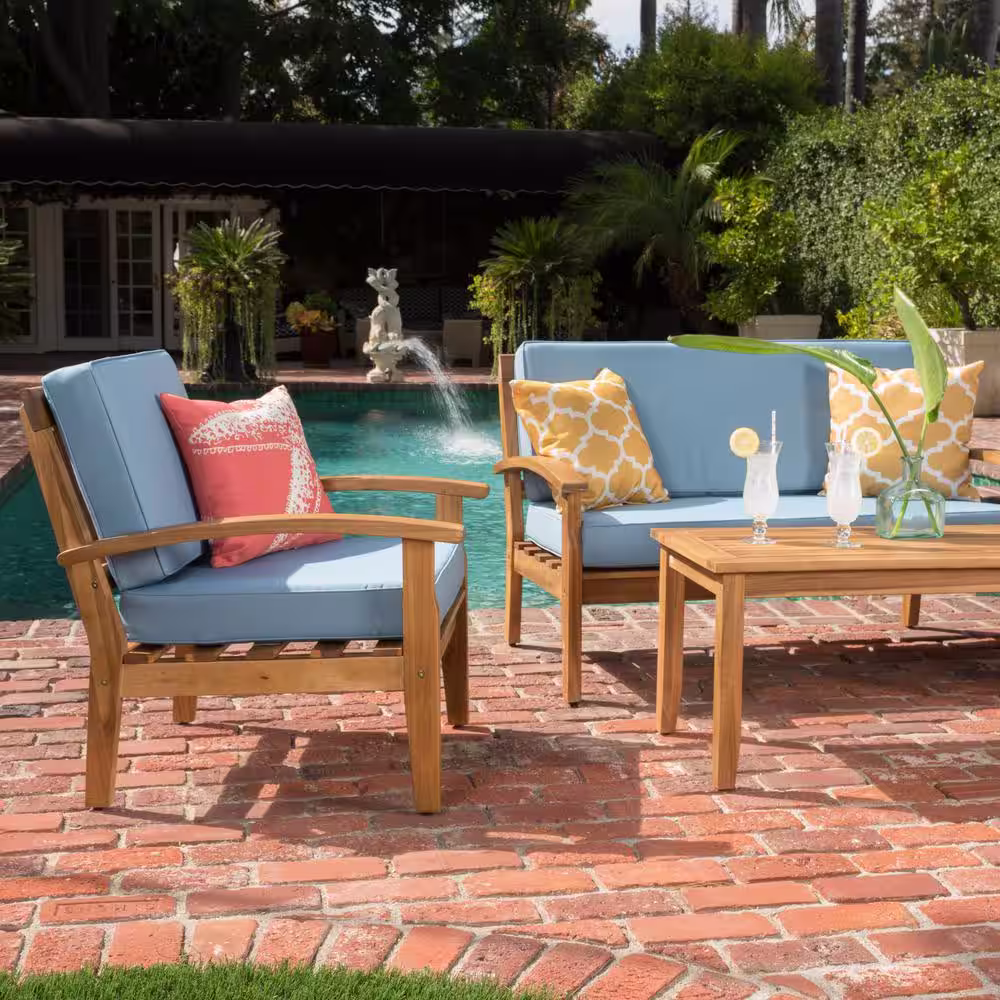 Noble House Galilea Teak Finish 4-Piece Wood Patio Conversation Set with Blue Cushions