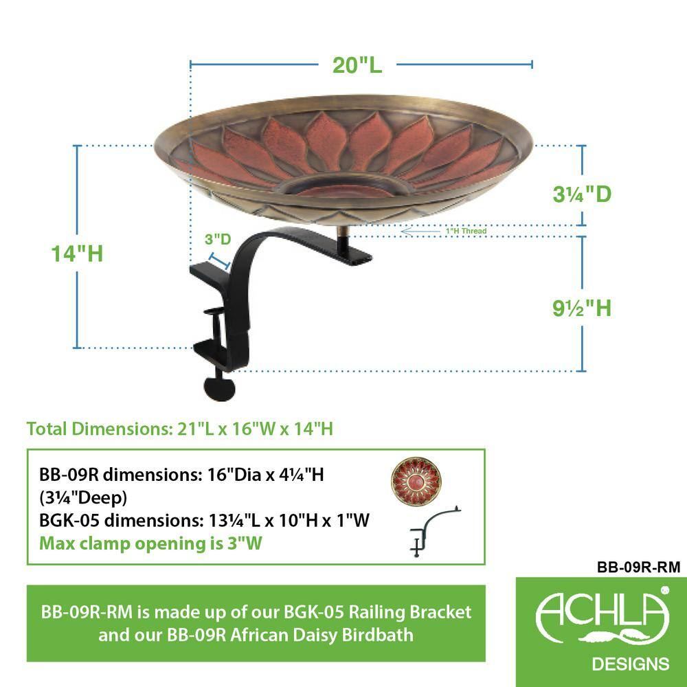 Achla Designs 16 in. W Antique and Patina Red African Daisy Birdbath with Rail Mount Bracket