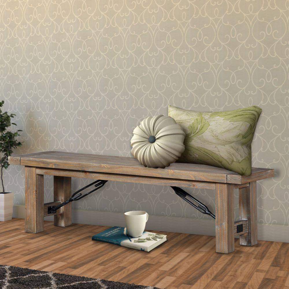 Benjara 15 in. L x 62 in. W x 18 in. H Brown Acacia Wood Bench with Thick Block Legs
