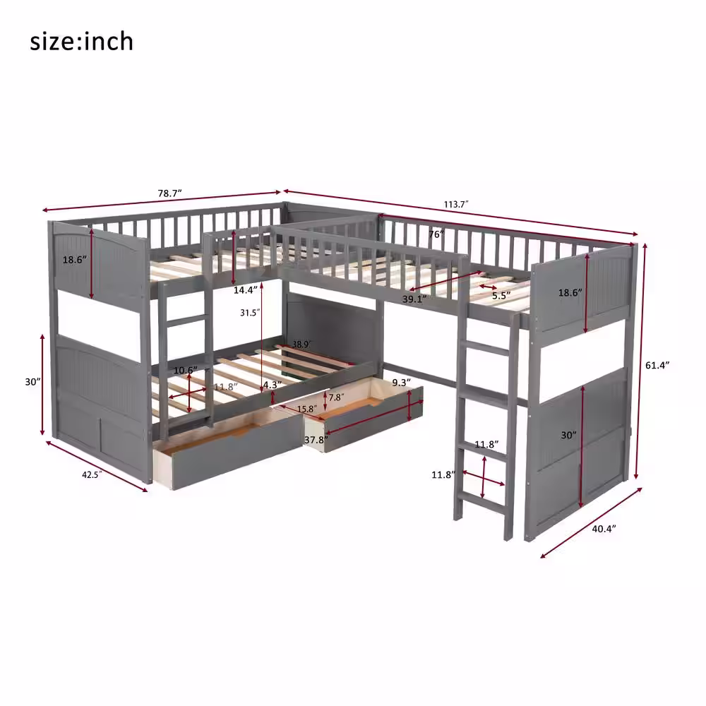 Harper & Bright Designs Gray Twin Size Wood Bunk Bed with Loft Bed and 2-Drawers