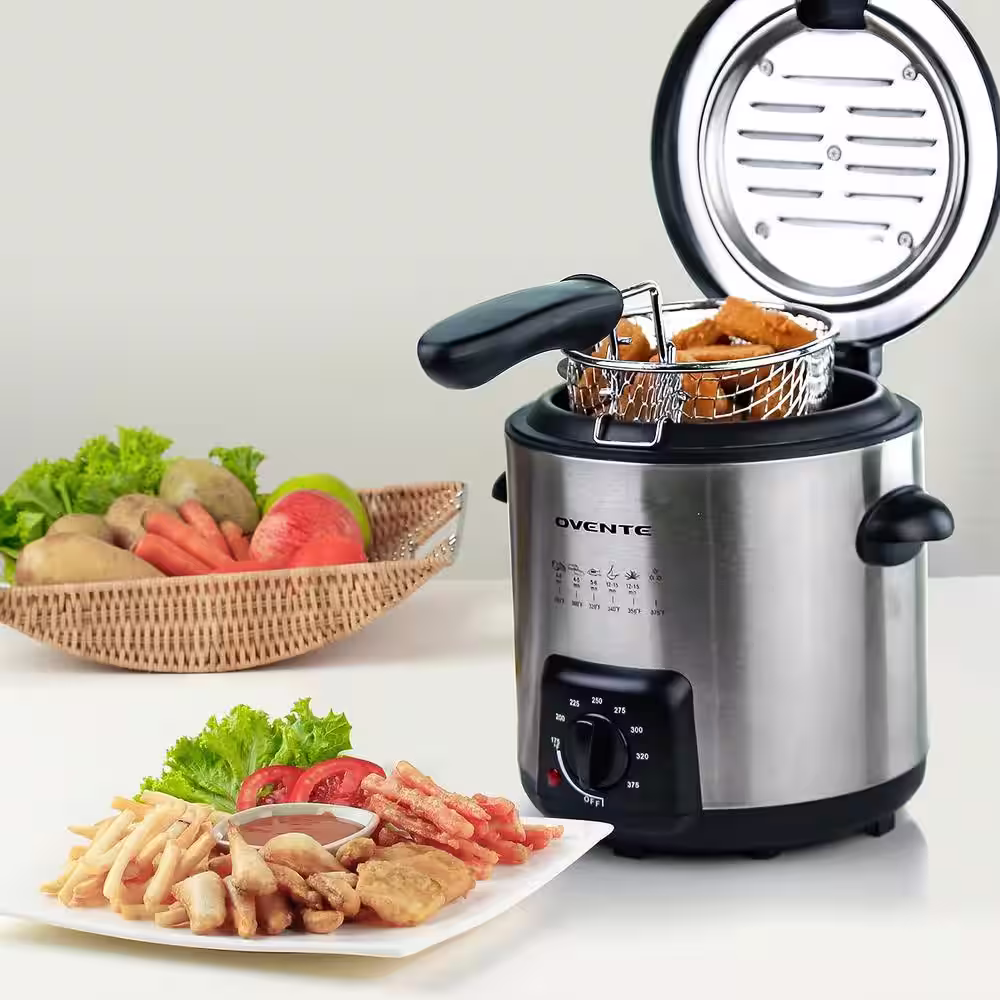 OVENTE 0.95 Qt Silver Mini Electric Deep Fryer with Removable Frying Basket