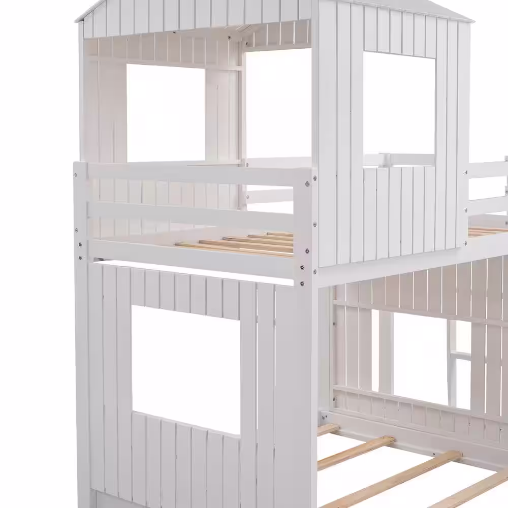 Harper & Bright Designs White Wood Frame Twin over Full House Bunk Bed with Slide, Roof and Windows Design