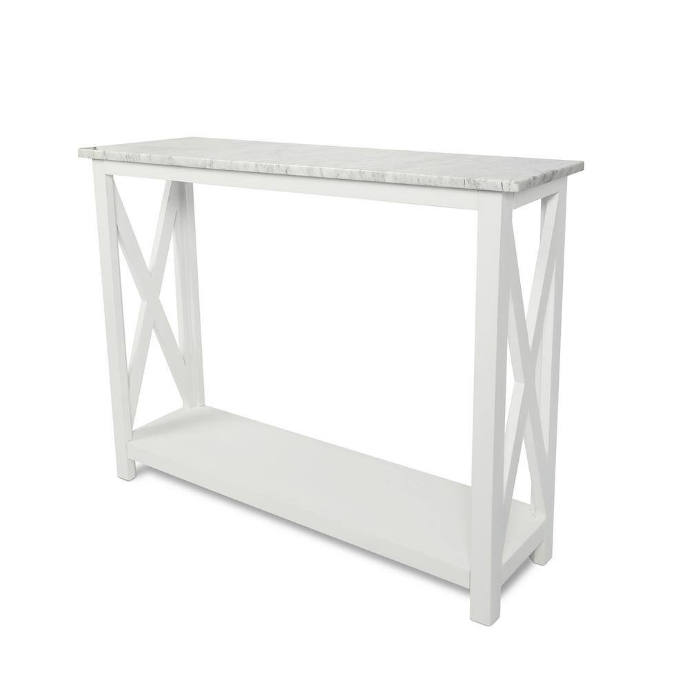AndMakers Agatha 31.5 in. Carrara White Rectangular Italian Marble Console Table with White Legs