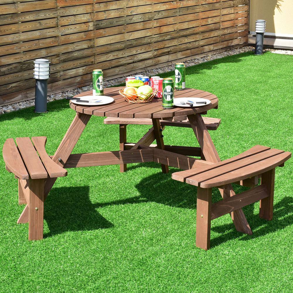 WELLFOR 2 in. 6-Person Patio Wood Picnic Table Set