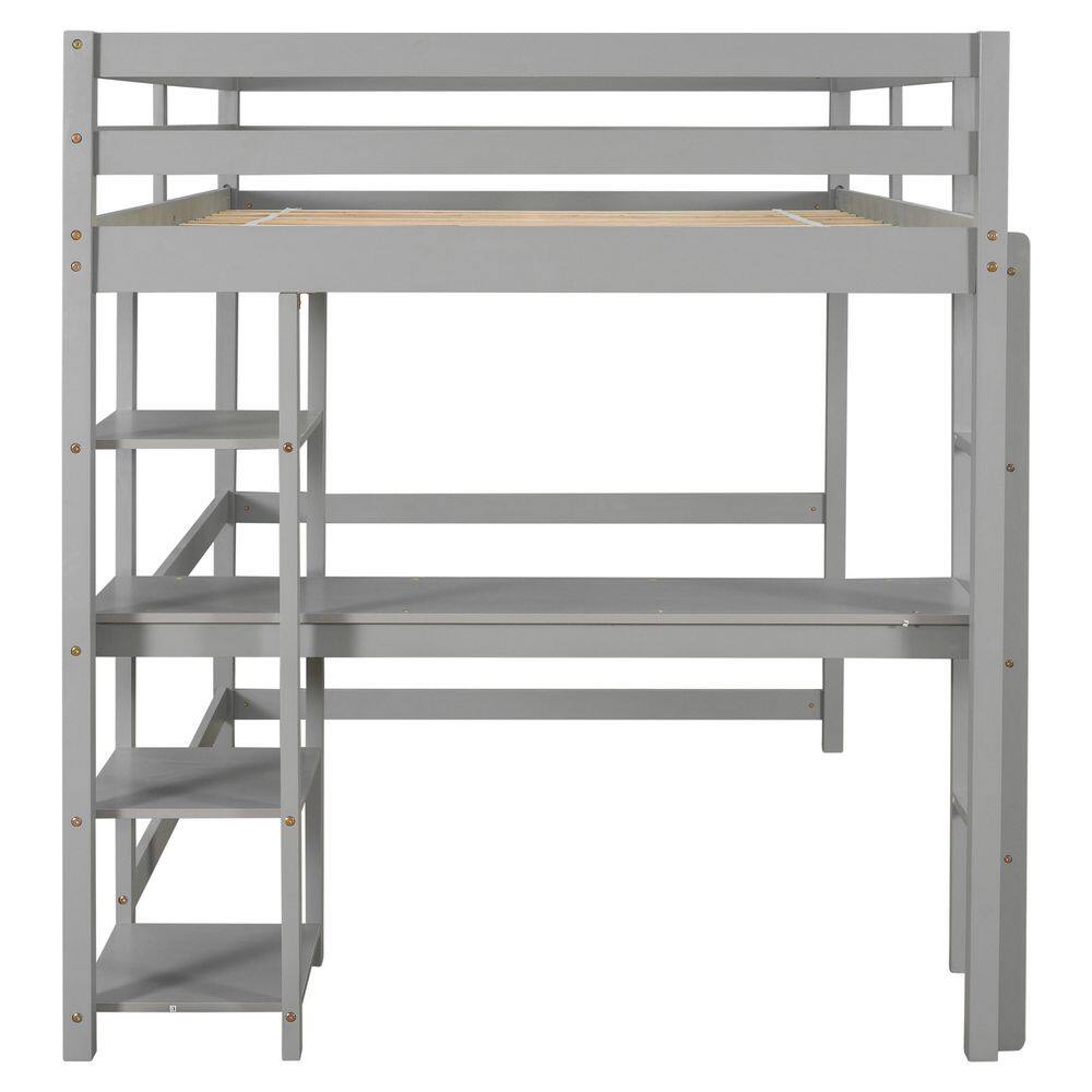 None Gray Full Wood Frame Loft Bed with Bookshelves and Desk Full Kids Loft Bed with Solid Ladder Wood Loft Bed