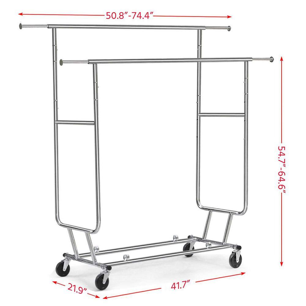 None Silver Iron Garment Clothes Rack Double Rods 50 in. W x 65 in. H