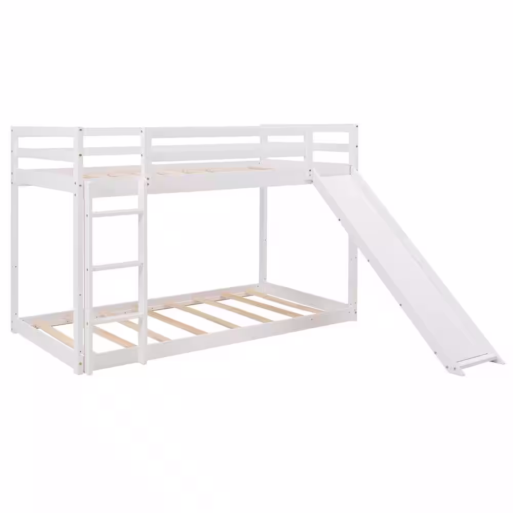 Harper & Bright Designs White Twin Over Twin Wood Bunk Bed with Slide and Ladder