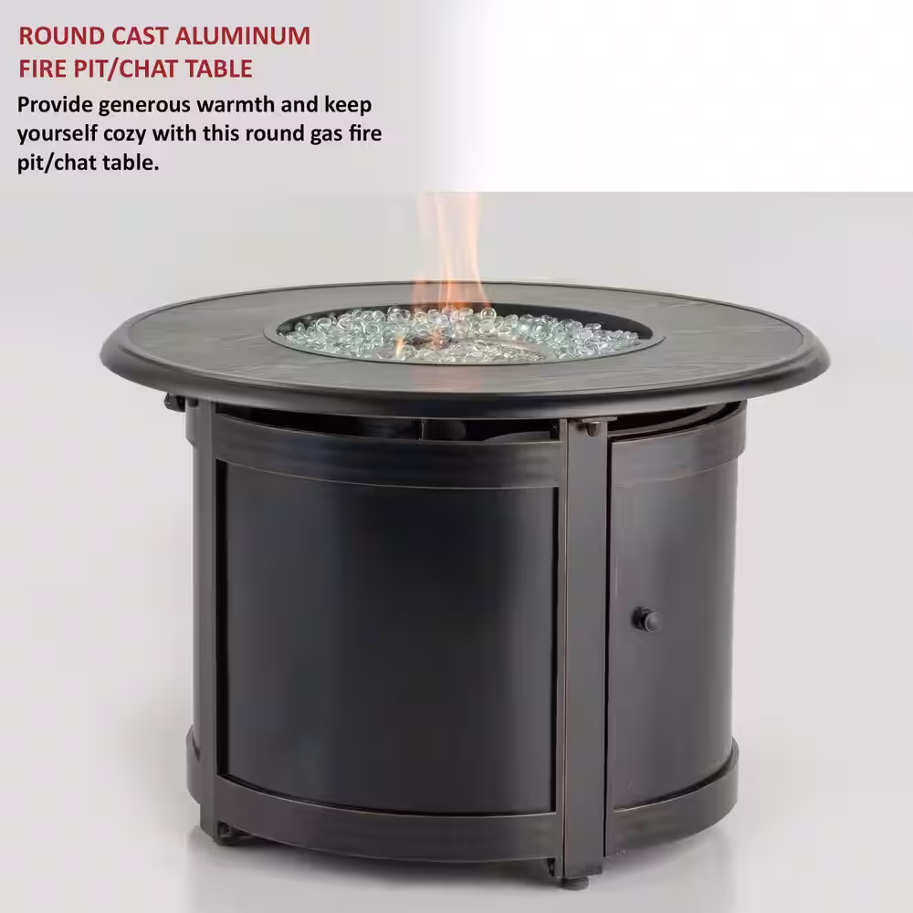Alfresco Manchester 36 in. x 25 in. Round Aluminum Match Lit Propane Gas Fire Pit Chat Table with Glacier Ice Firebeads