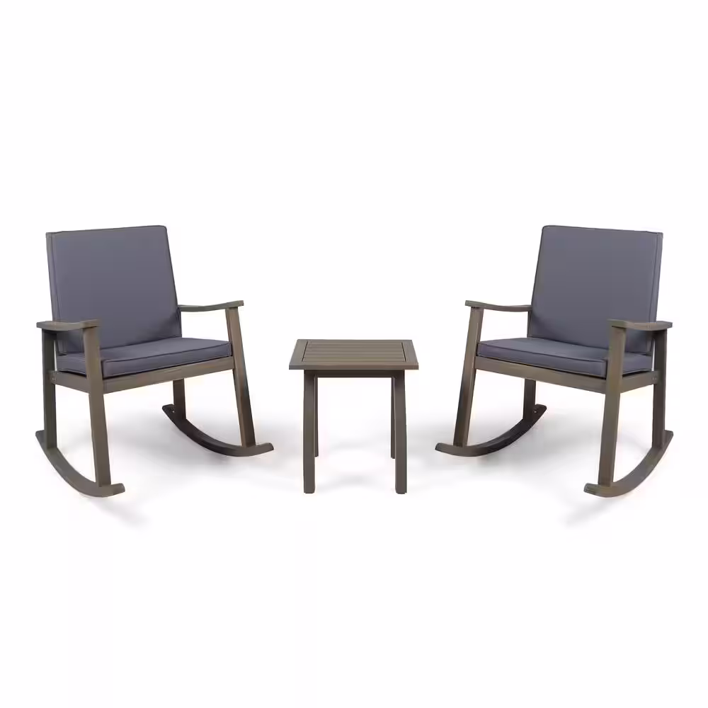 Noble House Candle Grey 3-Piece Wood Patio Conversation Set with Dark Grey Cushions