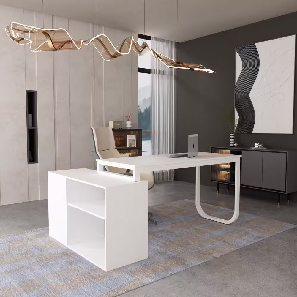 FUFU&GAGA 55.1 in. L-Shaped White Wood Writing Desk Corner Gaming Desk With 2-Tier Shelves and 3-Drawers Home Office Use