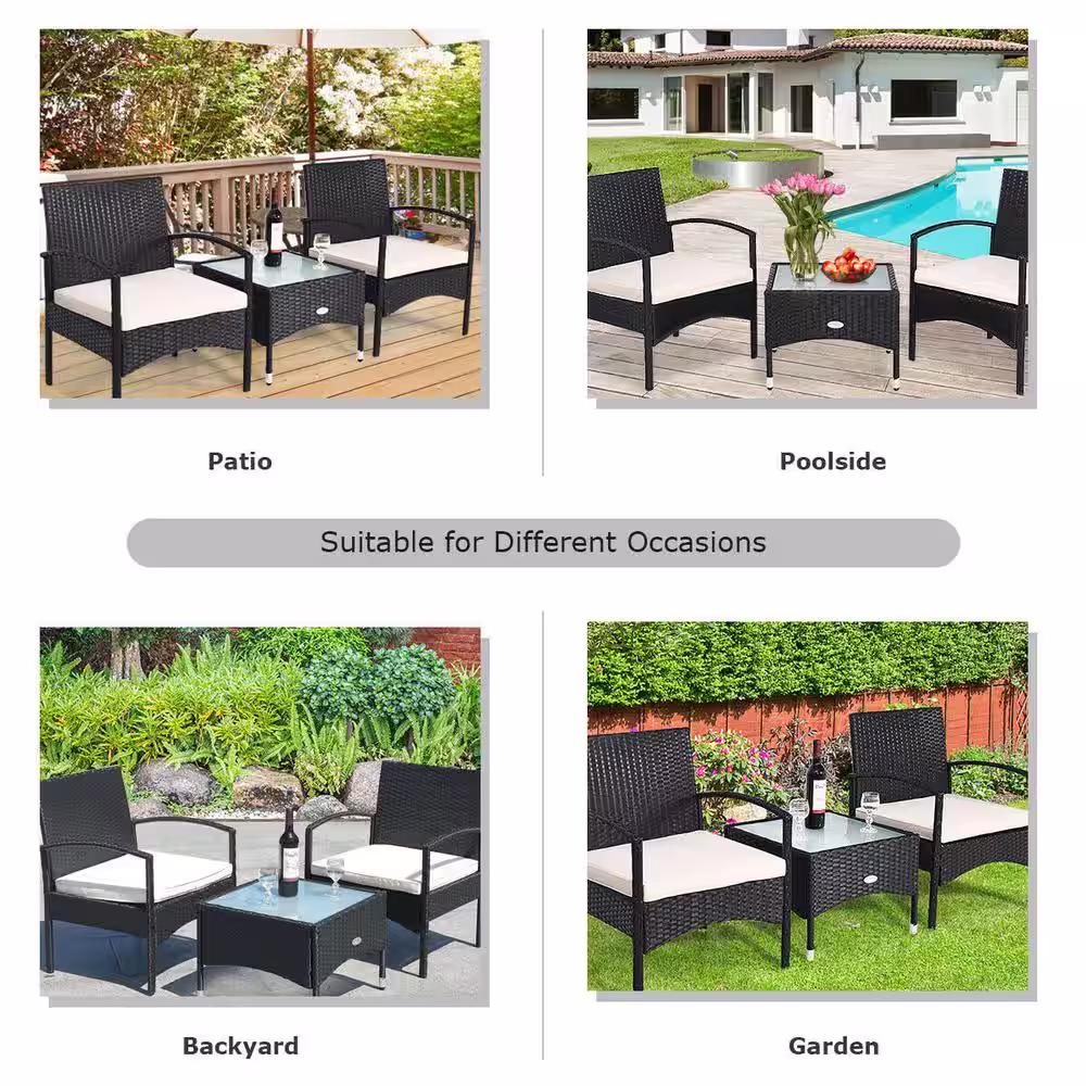 Costway Black 3-Piece Rattan Wicker Patio Conversation Set Table and 2 Chair with Beige Cushions