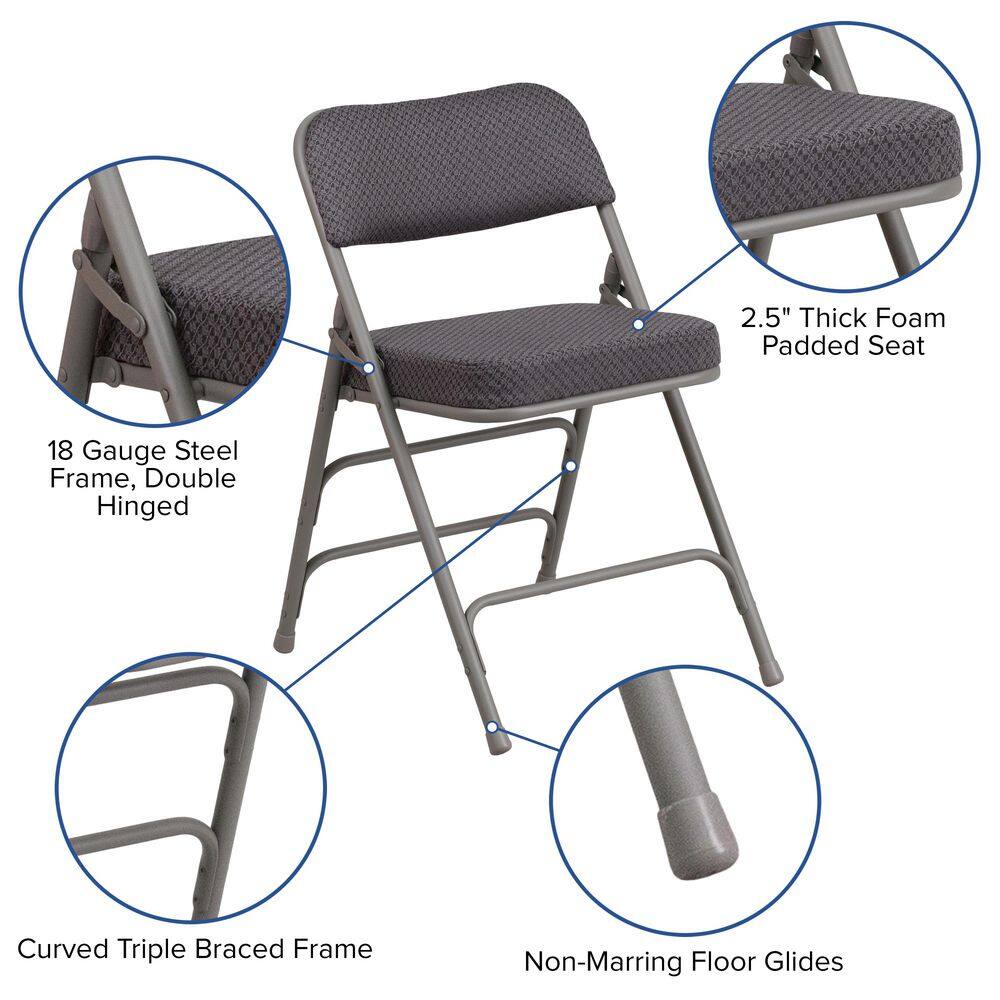 Flash Furniture Hercules Series Premium Curved Triple Braced & Quad Hinged Gray Fabric Upholstered Metal Folding Chair