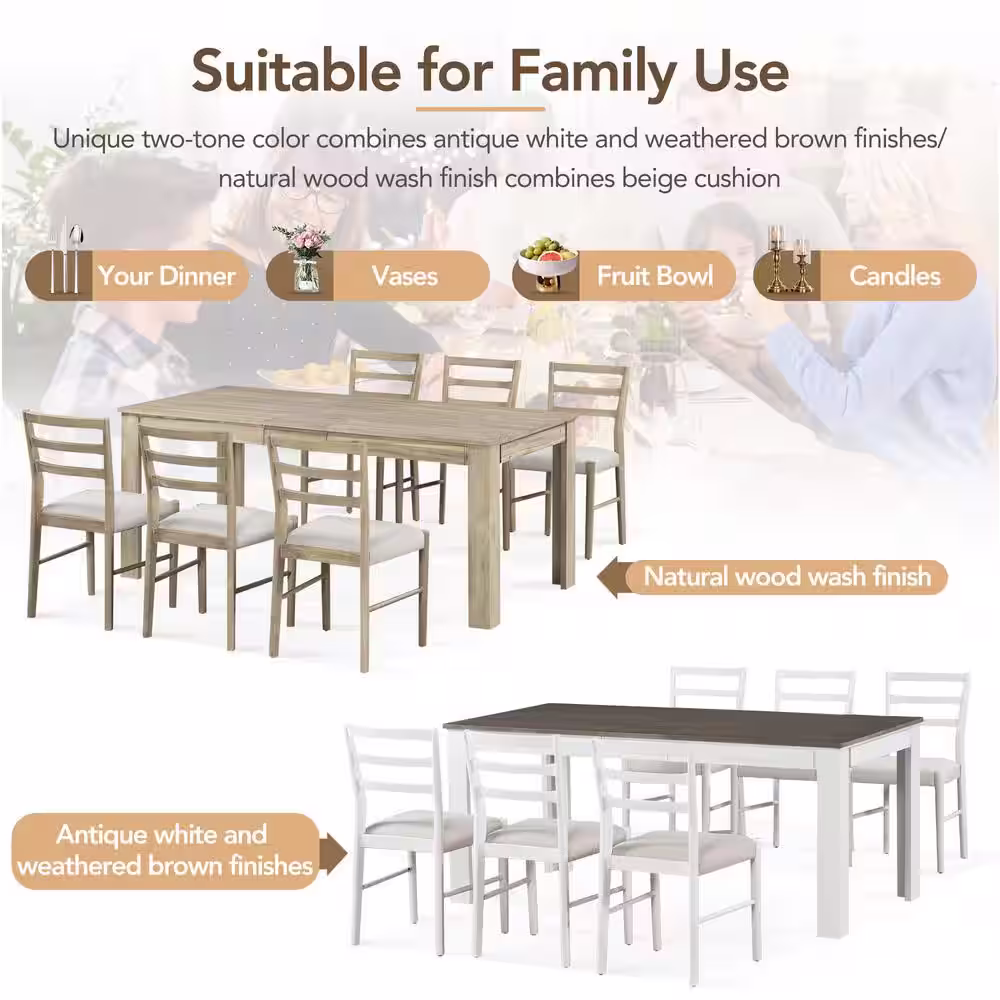 Harper & Bright Designs Mutifunctional 7-Piece Natural Wooden Dining Table Set with Extendable Table, 2 Drawers and 6 Upholstered Chairs