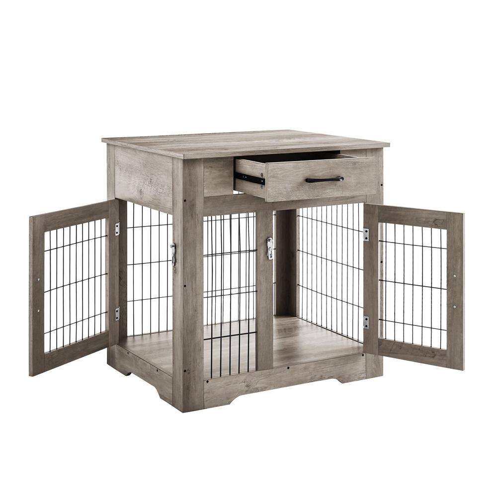 Miscool Dog Crate Furniture Dog Kennel End Table with Drawer Decorative Pet Crate Dog House with Double Doors in Grey