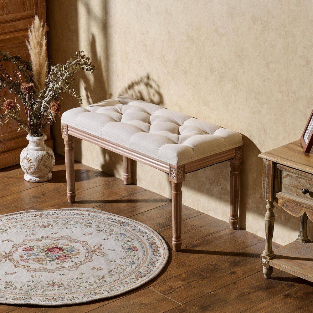 Merra Beige French Vintage Ottoman Bench with Linen Upholstery and Diamond Botton Tufting (18.5 in. x 31.5 in. x 16.5 in.)
