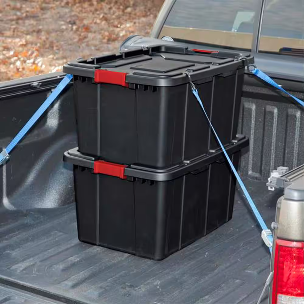 Sterilite 27-Gallon Durable Rugged Industrial Tote w/Red Latches in Black (4 Pack)