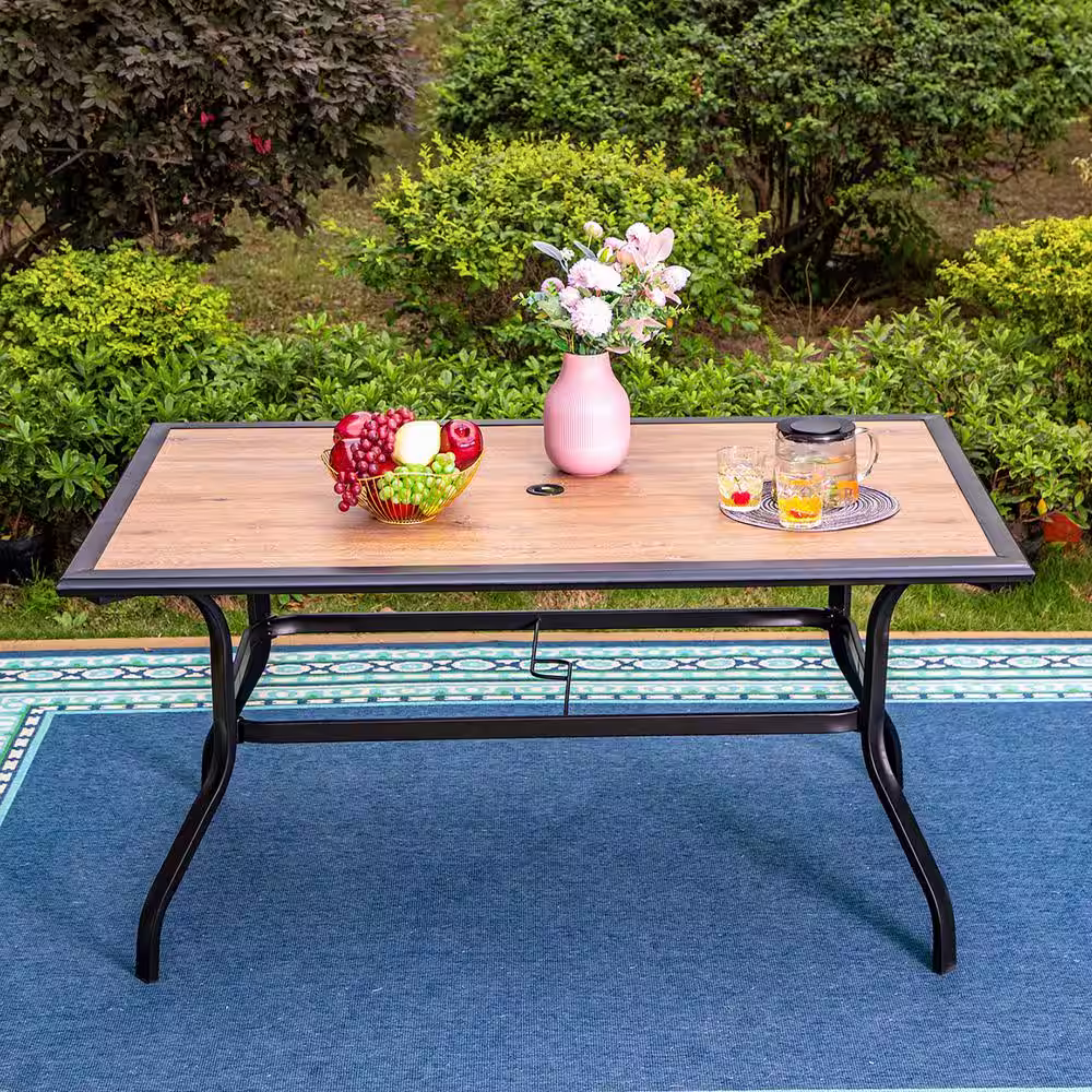 None Black 7-Piece Metal Outdoor Patio Dining Set with Wood-Look Umbrella Table and Brown Textilene Chairs