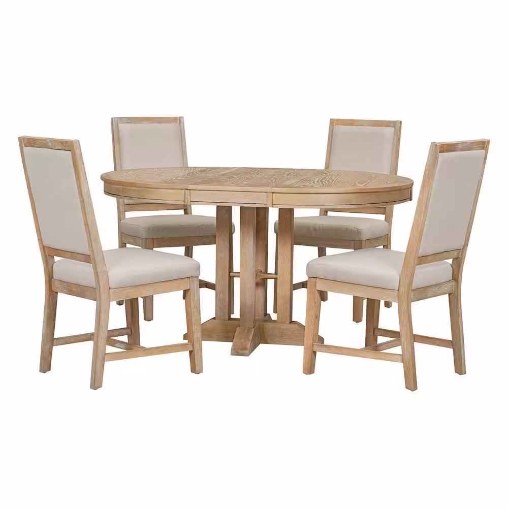 Harper & Bright Designs Farmhouse 5-Piece Natural Wood Wash Wood Top Extendable Round Dining Table Set with 4-Upholstered Chairs
