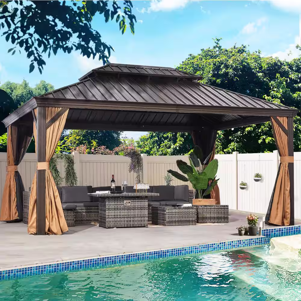 None 12 ft. x 16 ft. Bronze Gold Aluminum Hardtop Gazebo Galvanized Steel Roof with Curtain and Mosquito Net