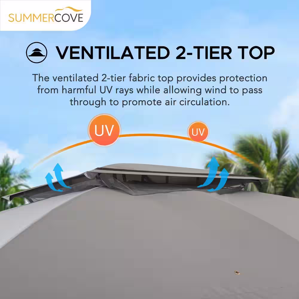 Sunjoy SummerCove Monterey Park 10 ft. x 13 ft. Gray 2-Tier Gazebo with LED Lighting and Bluetooth Sound