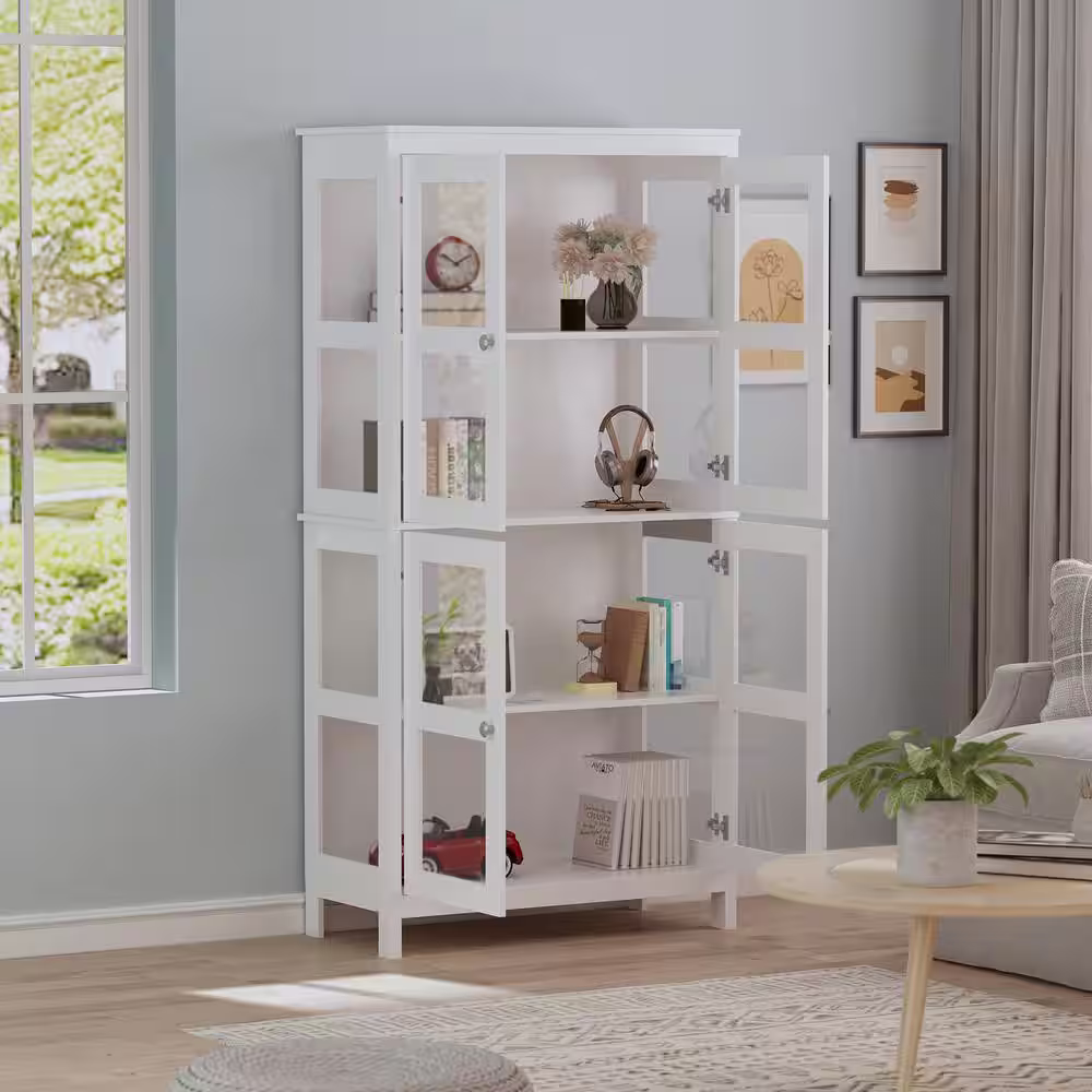 None 70.8 in. H White Wood 4-Door Cabinet Bookshelf Cupboard with Adjustable Shelves