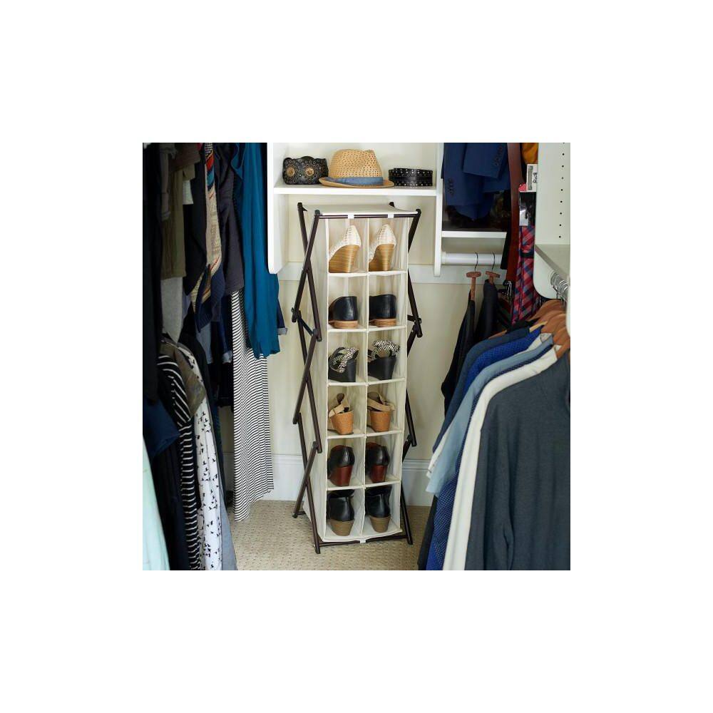 HOUSEHOLD ESSENTIALS 44.5 in. H 12-Pair Natural Sturdy Folding Frame, Poly-Cotton Blend Fabric Shoe Rack