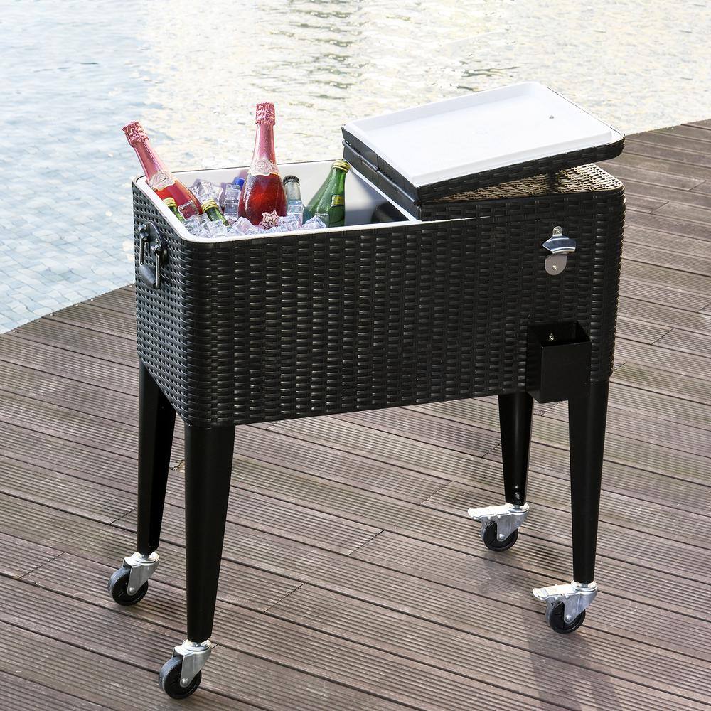 Outsunny 80 Quart Stainless Steel Outdoor Patio Rolling Cooler Cart with 4 Wheels and a Drain with Plug - Dark Brown